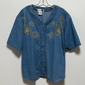 Club Z Vintage 80's Artsy Embellished Denim Short Sleeve bedazzled Denim shirt